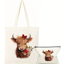 2Pcs Highland Cow Shoulder Bag Set Casual Canvas Tote Cute Aesthetic Handbags with Zipper Makeup Bag Student Friends Decorate