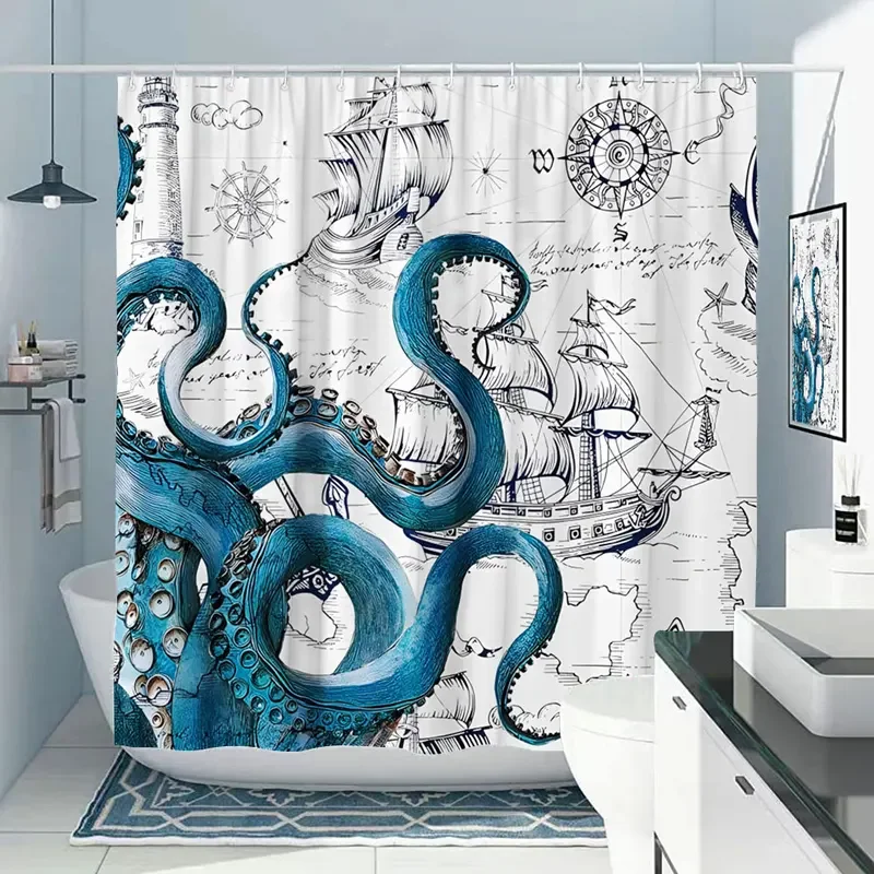 Octopus Shower Curtain Nautical Ocean Sea Turtle Beach Coastal Blue Fish Seashell Jellyfish Fabric Bath Curtains Bathroom Decor