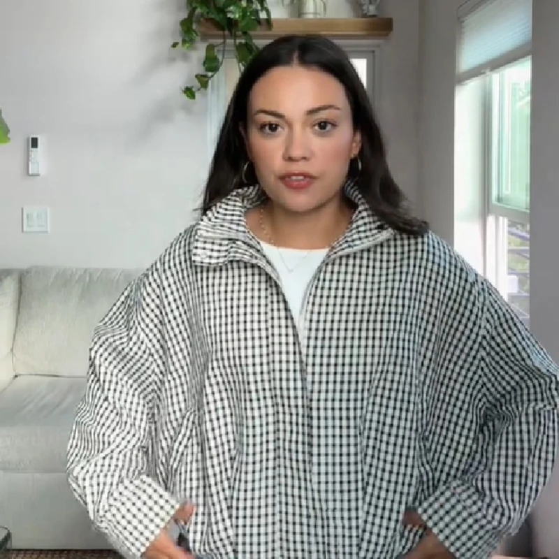 Women Gingham Check Full Zip Jacket Stand Collar Drop‑shoulder Drawstring Hem Relaxed Fit Casual Outerwear With Pockets
