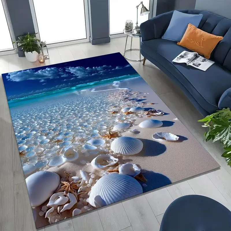 VIKAMA Beach Seashell Area Rug Ocean Starfish Seaside Scenery Non Slip Large Floor Carpet for Living Room Bedroom Decor