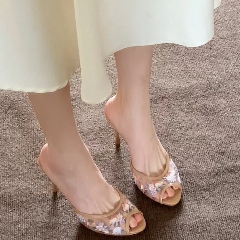 2026 Spring and Summer New Flower Embroidered Mesh High-heeled Sandals Women Wear Fine Heel Beautiful Fish Mouth Shoes view 4