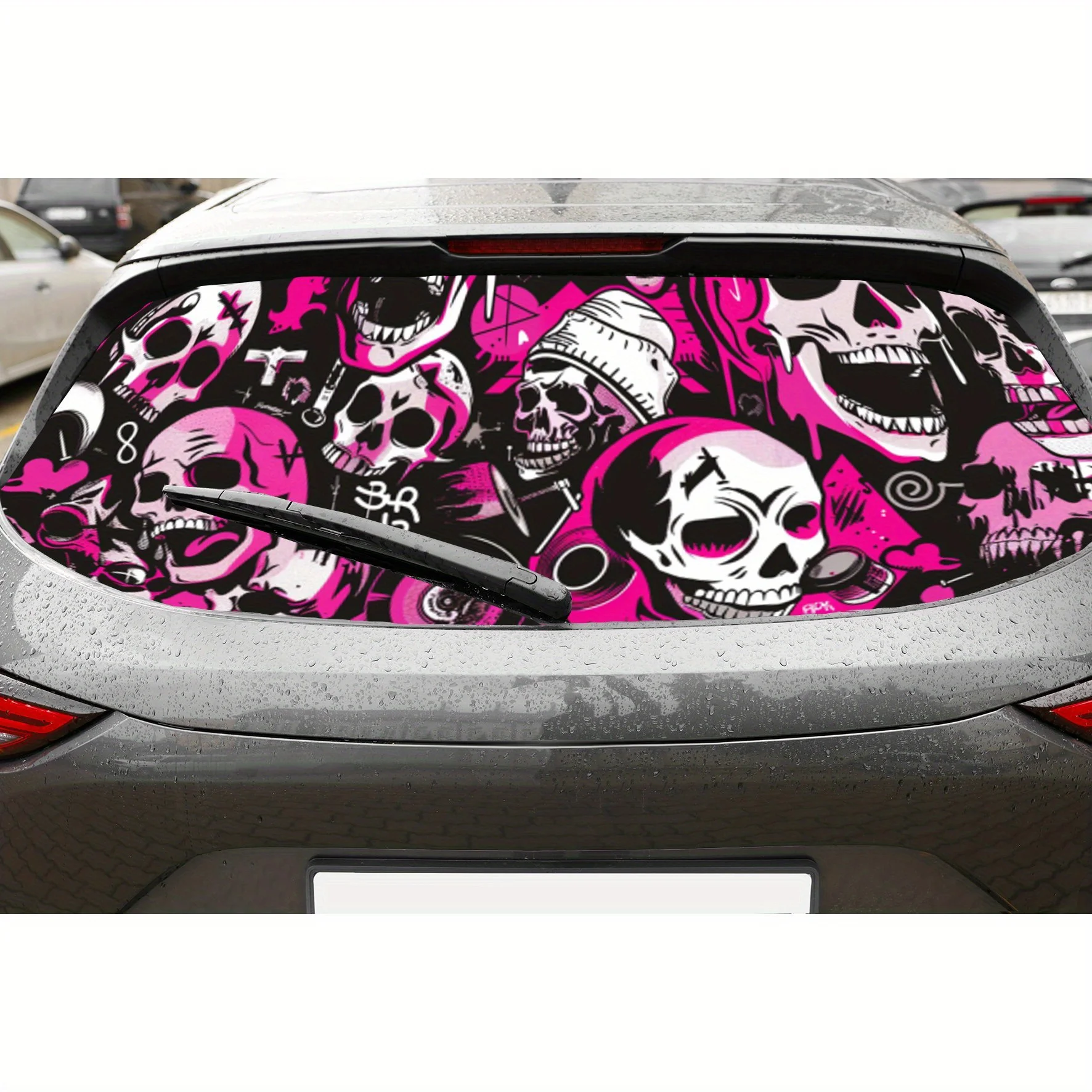 

Trendy Pink and Black Skull PVC Perforated Car Vinyl Wraps, Privacy Enhancing Design for Rear Window, Car Rear Windshield Sticke