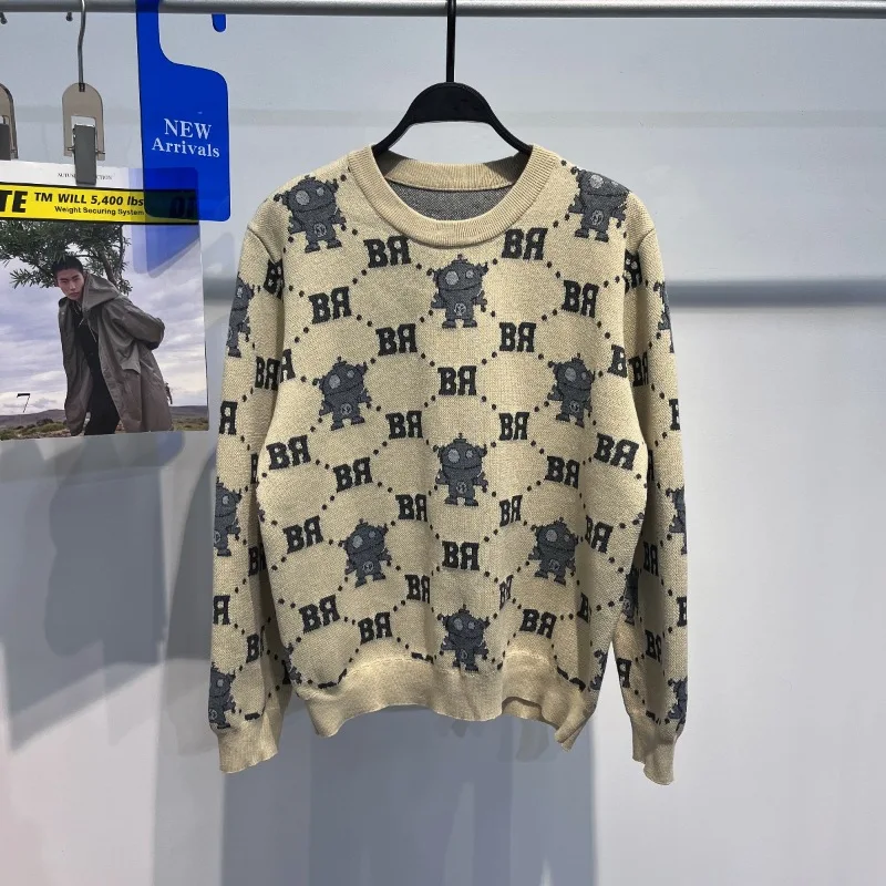 

Модный вязаный свитер для молодых мужчин, повседневный шерстяной топ с круглым вырезом цвета хаки с вышитыми буквами, свободный крой, городской стиль
