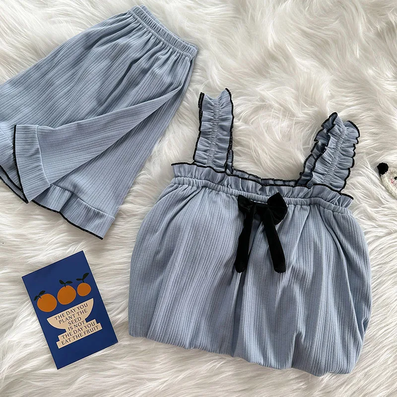 

Summer Cotton Women's Sling Pajama 2024 New Sweet Short Sleeve Shorts Blue Sleepwear Sets With Chest Pads Female Bow Home Pyjama