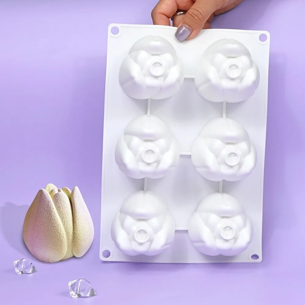 6-Cell Design Tulip Mousse Cake Mold 3D Simulated Food Grade Silicone Pudding Dessert Mold Flexible DIY Silicone Baking Mold