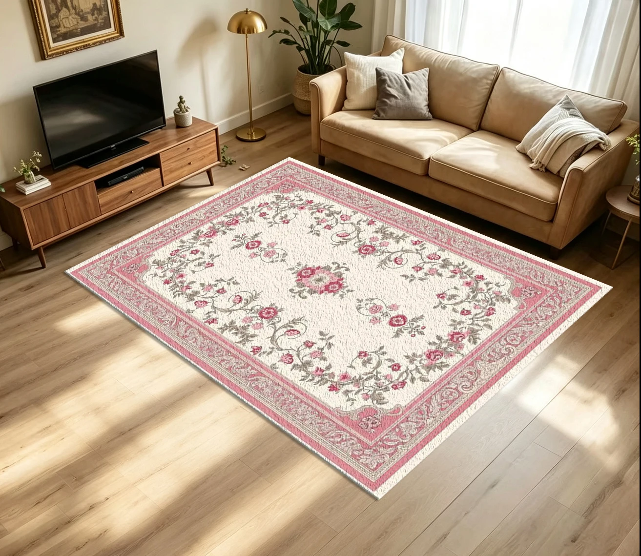 European Vintage Rose Carpet Flooring Soft Pink Cream Floral Scroll Baroque Border Art Pattern Printed Floor Rug for Household Indoor Romantic Living Room Decor