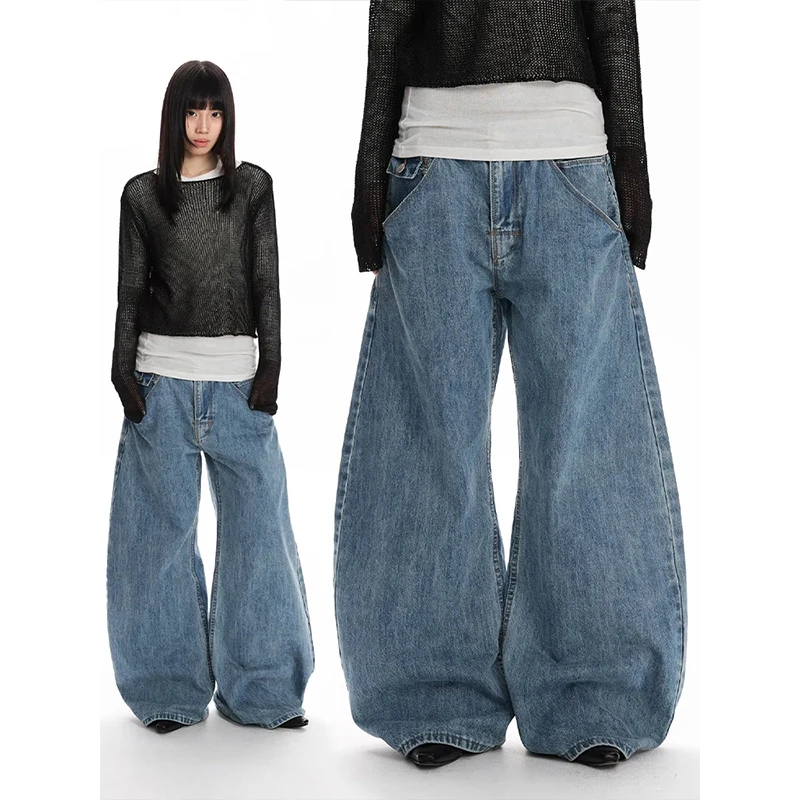 Women Blue Jeans Designer Harajuku Tide Punk Denim Pants American Retro Y2K Harajuku Cowboy High Street Streetwear 2000s