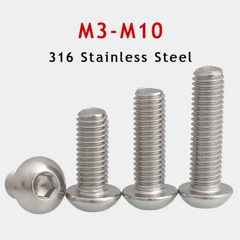 1-20pcs M3 M4 M5 M6 M8 M10 316 Stainless Steel High Quality Hex Socket Button Head Allen Screw Bolts Round Flat Head L= 4-100mm