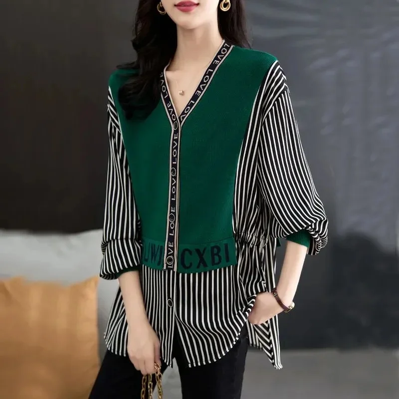 Women Fashionable Loose Fake Two-piece Top Explosive Street Spring Autumn New V-neck Cardigan With Slim And Age Reducing Shirt