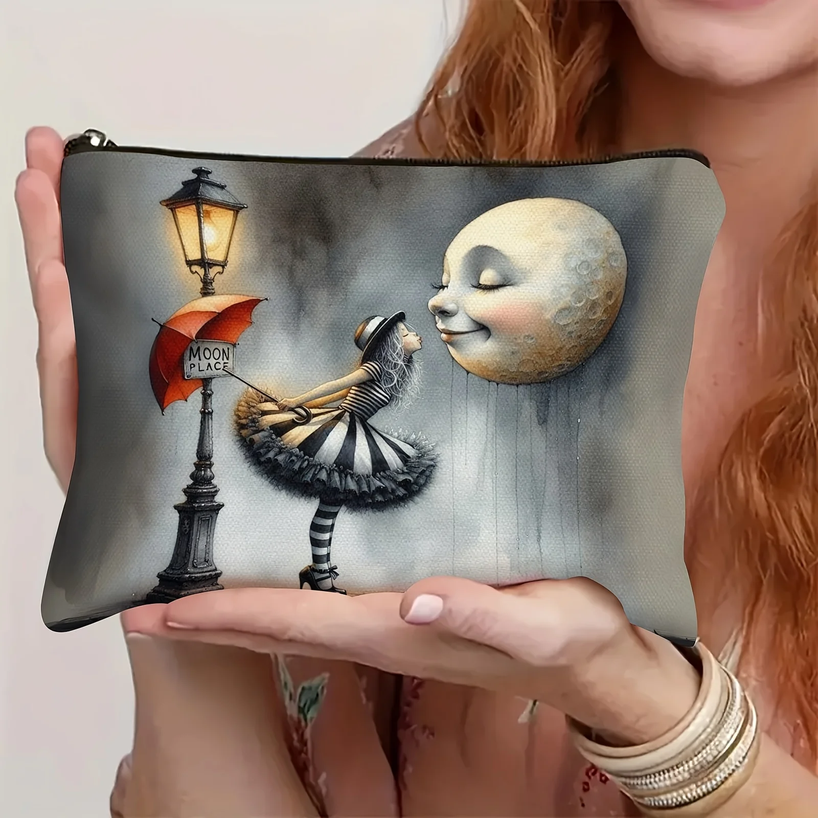 Uma bolsa de maquiagem de lua romântica – Bolsa multifuncional feminina com zíper, bolsa de armazenamento de joias, bolsa de armazenamento pequena com zíper de viagem perfeita