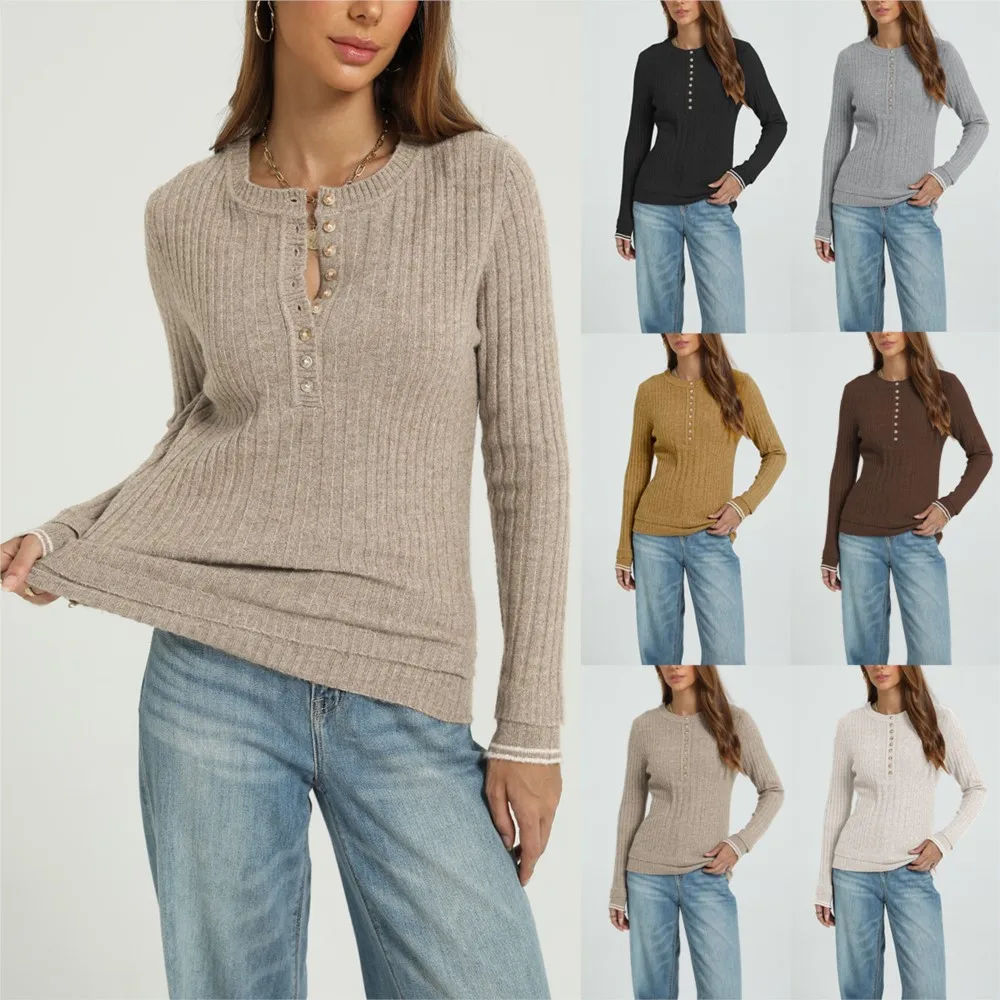 2026 Knitted Pullover All-match Loose Simple Style Sweater Winter Clothe Woman Pulls Femmes Bottoming Shirt Buttons Long Sleeves