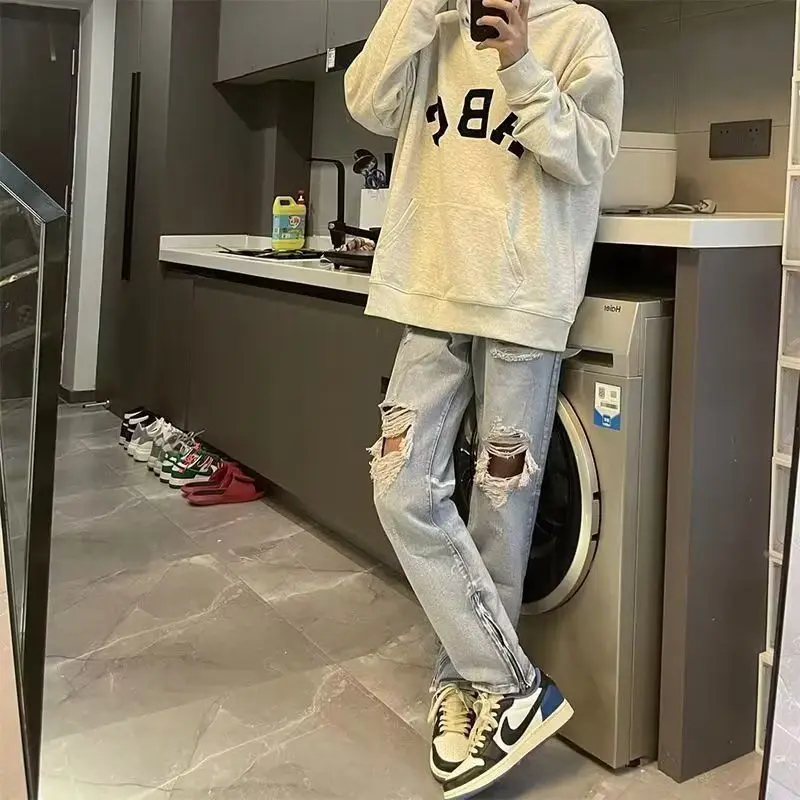 

Синие рваные джинсы с разрезами на молнии, уличный стиль, хип-хоп, простые, универсальные, трендовые, молодежные, прямого кроя