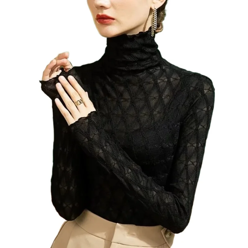 

High Neck Net Gauze Base Winter Spring Autumn Ears New Gauze Slim Long Sleeve Style Lace Top Comfortable and Simple Sweater