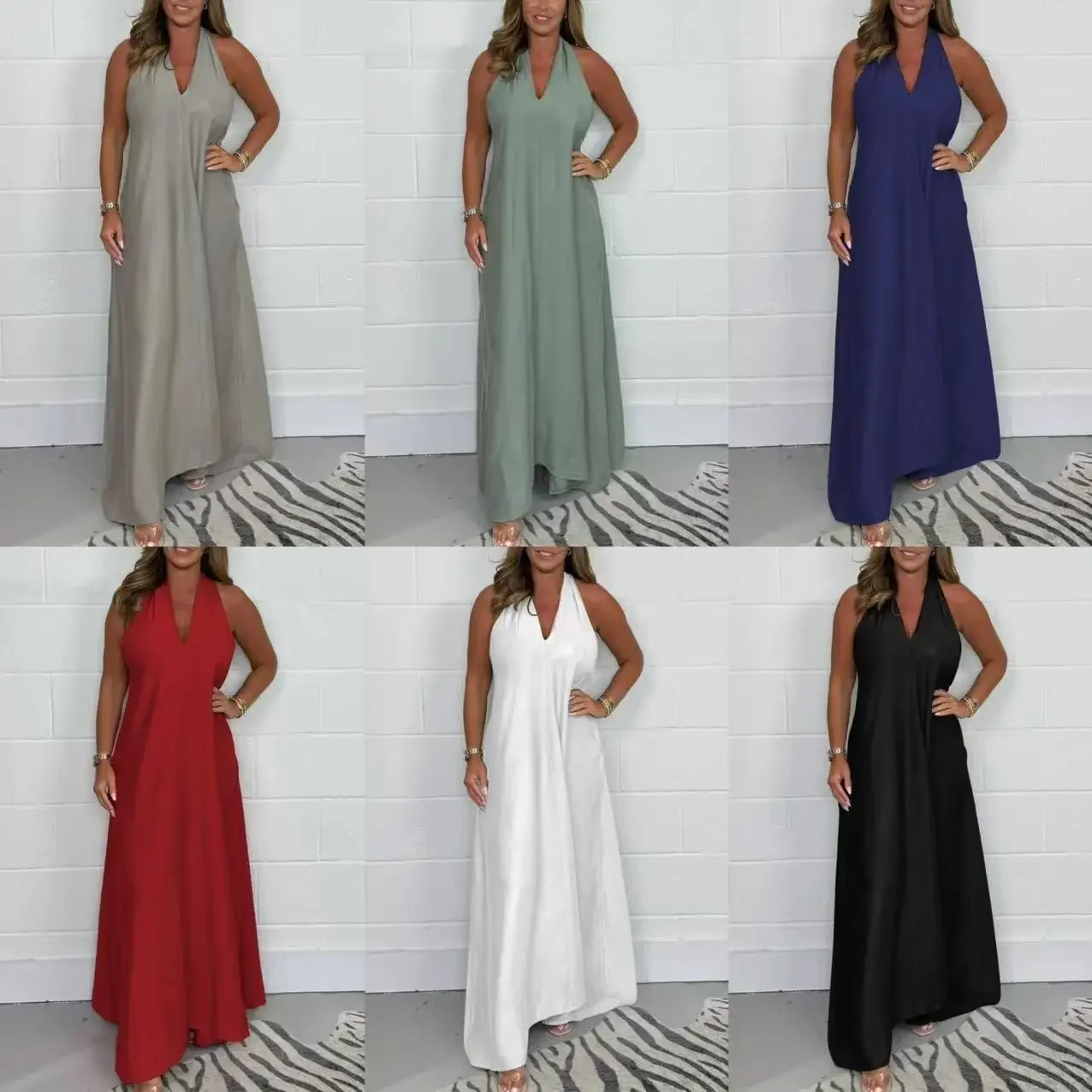 Damska sukienka na wiosnę i lato Spódnica bez rękawów z dekoltem w szpic w jednolitym kolorze Elegancka moda codzienna Wygodna regularna standardowa sukienka