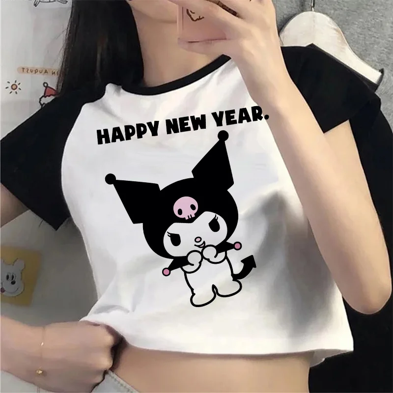 Sanrio Kuromi Karikatür Baskı Kadın T-shirt Y2k Sokak Harajuku Baharatlı Kız Tees Tops Kore Moda Sevimli Ince Kadın Kısa Kollu