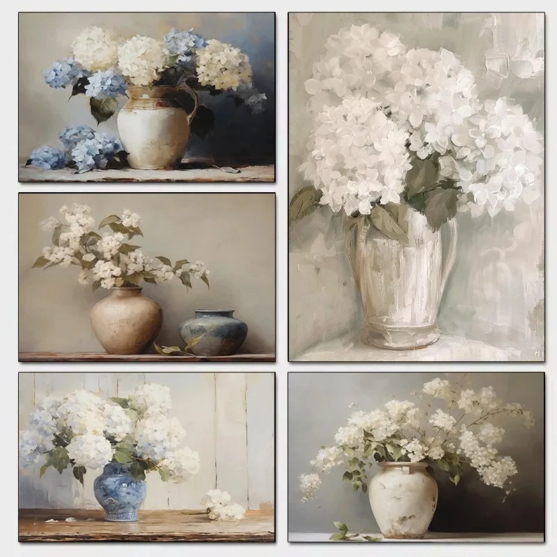 Vintage Blue White Hydrangeas in Vase Still Life Flower Aged Pottery Poster Canvas Painting Wall Art Pictures Home Decor
