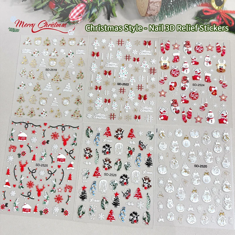 1 foglio adesivo natalizio per nail art in rilievo albero di Natale alce fiocchi di neve adesivi per nail art decalcomanie per manicure natalizie