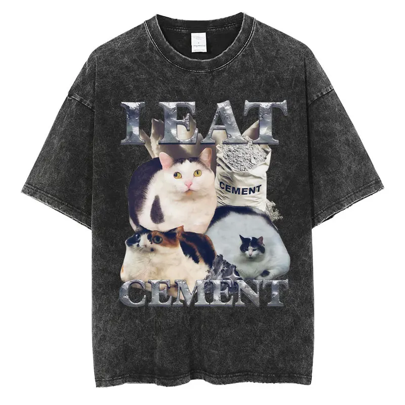 Funny Cat Eating Hot Dog Meme Graphic Washed T Shirts Men Women Vintage Humor T-shirt Oversized Cotton Casual T Shirt Streetwear