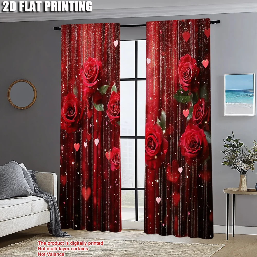2pcs, Minimalist Curtains 2D plane printing Red Rose & Heart Durable Polyester (without rod) Decorations Inside Use for Bedroom,