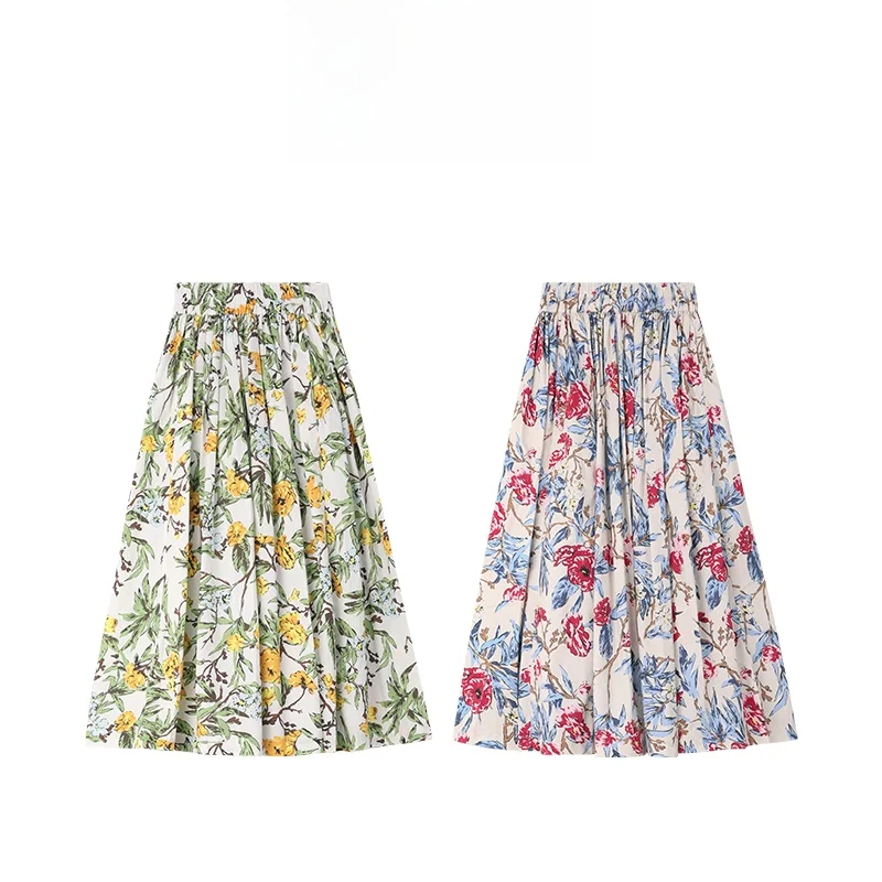 

Mannala Floral Print Cotton Elastic Waist Skirt Summer Vacation Romantic Feel Half-length Skirt Women's Knittedwear Q9461