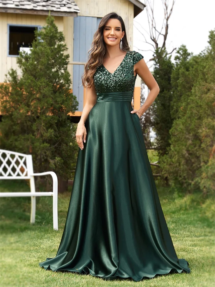 

Lucyinlove Elegant V Neck Green Sequin Evening Dress Long 2024 Luxury Women Satin Short Sleeves Party Dress Prom Cocktail Dress