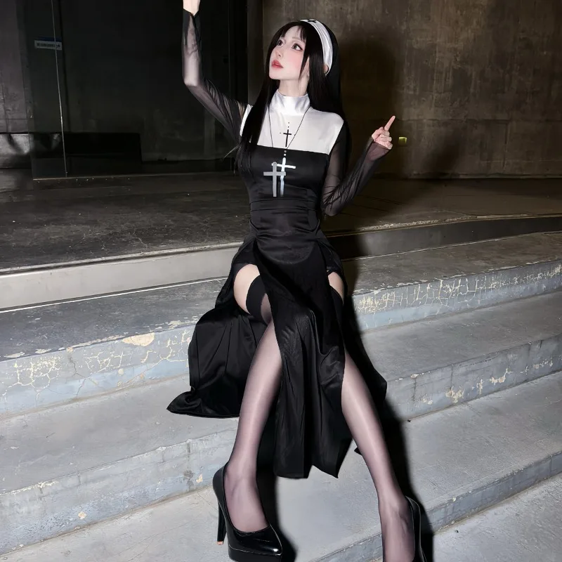 Neue 2025Sexy Anime Nonne Cosplay Kostüm Frauen Phantasie Kleid Uniform Halloween Party Kleid Schwarz Kostüm Robe Kopfschmuck Set