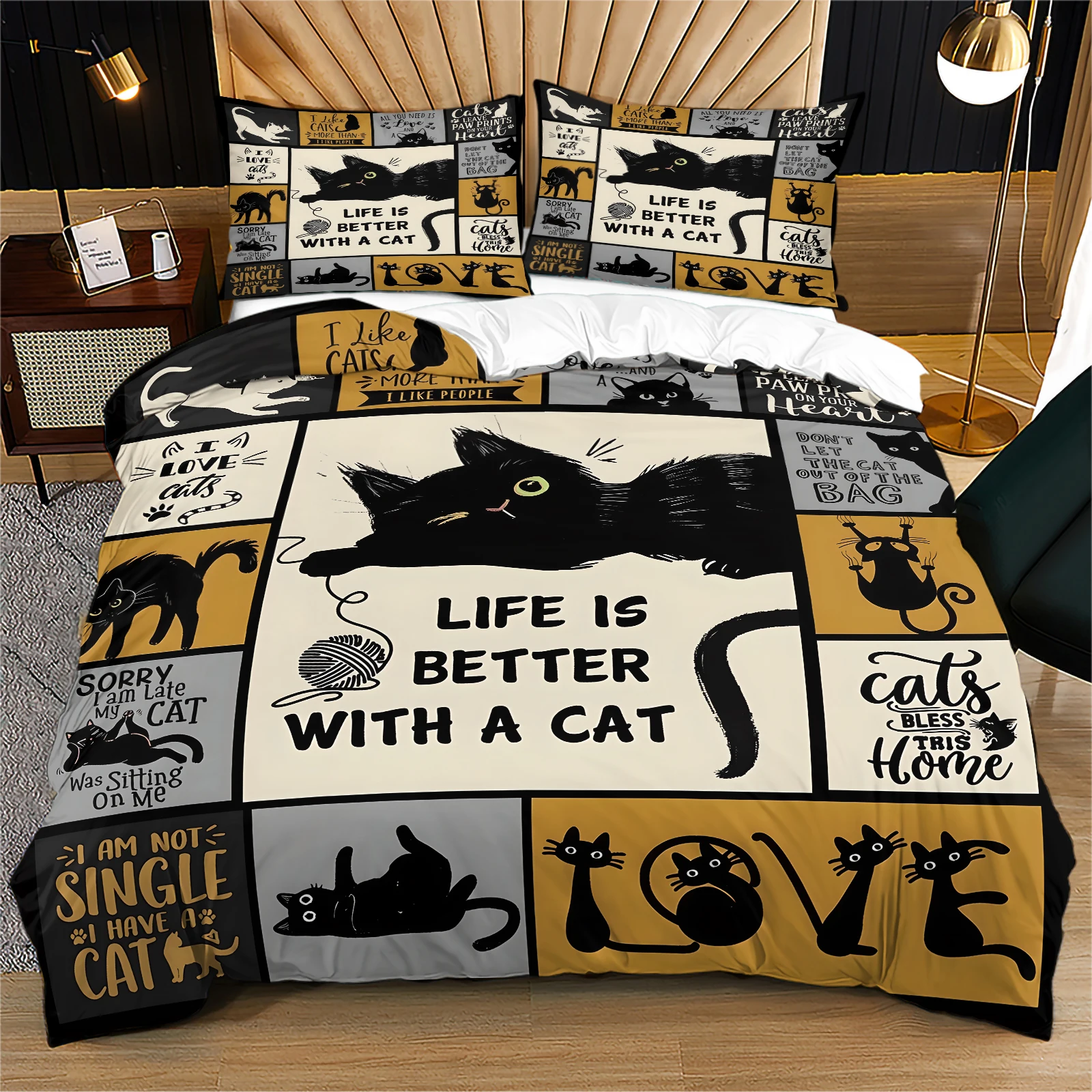 Black Cat Patchwork Duvet Cover Set Life Is Better With A Cat Bedding Set Polyester Quilt Cover With Pillowcase Cute Pet Cat