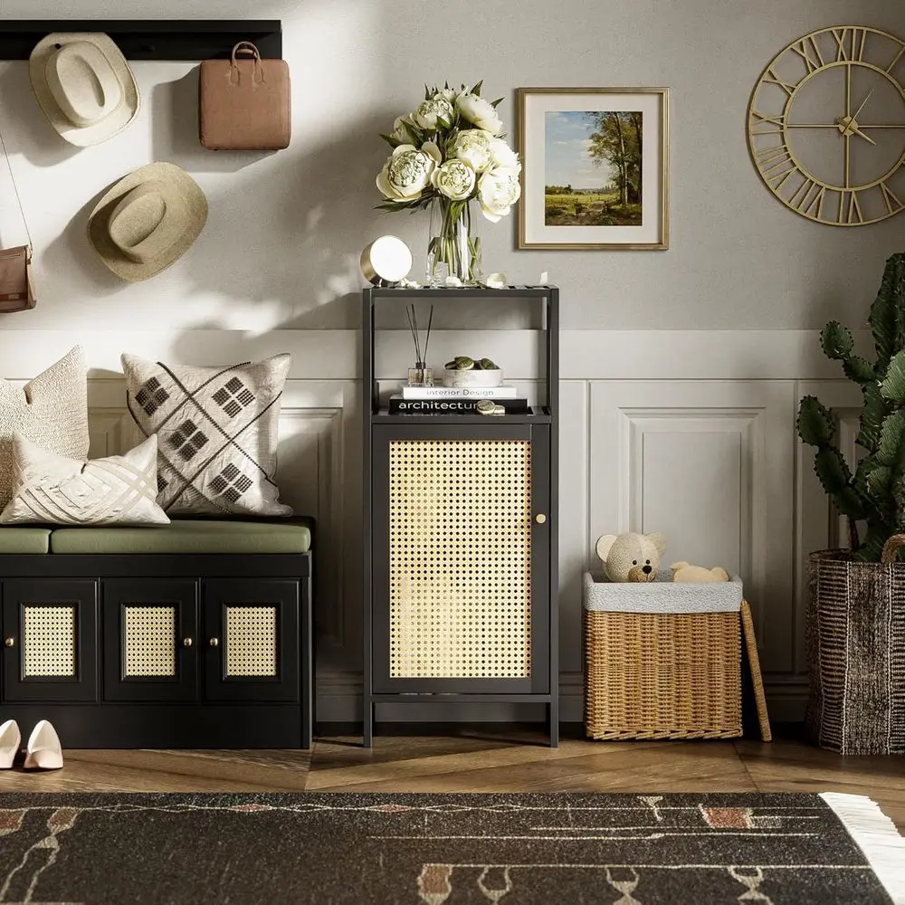 Компактный бамбуковый шкаф для хранения небольших ванных комнат с дверцей из ротанга, гладкий черный отдельно стоящий кухонный шкаф