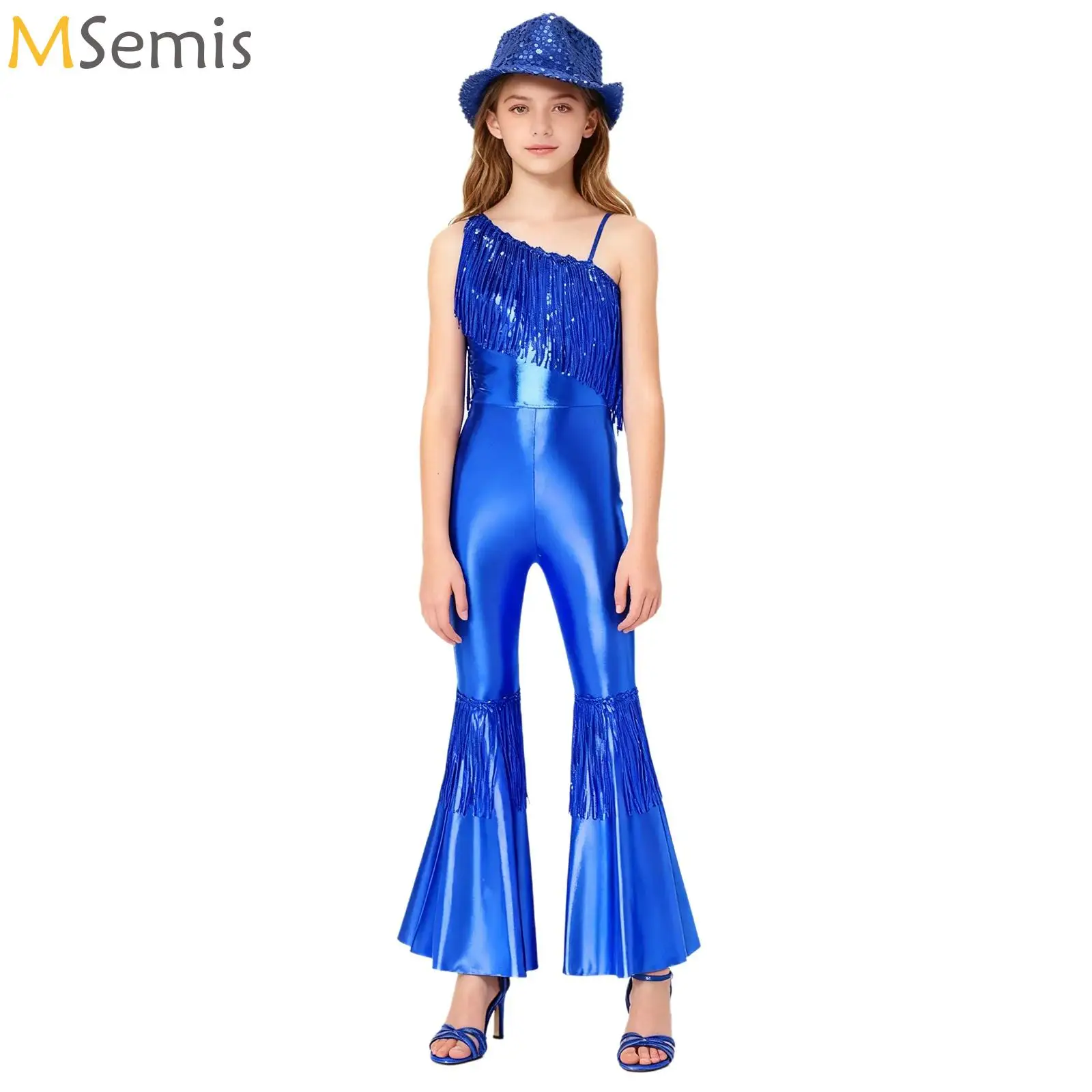 

Kids Girls Sequins Tassels Disco 70's Costume Halloween Hippie Fancy Dress Up Jazz Pageant Stage Performance Dancing Jumpsuit