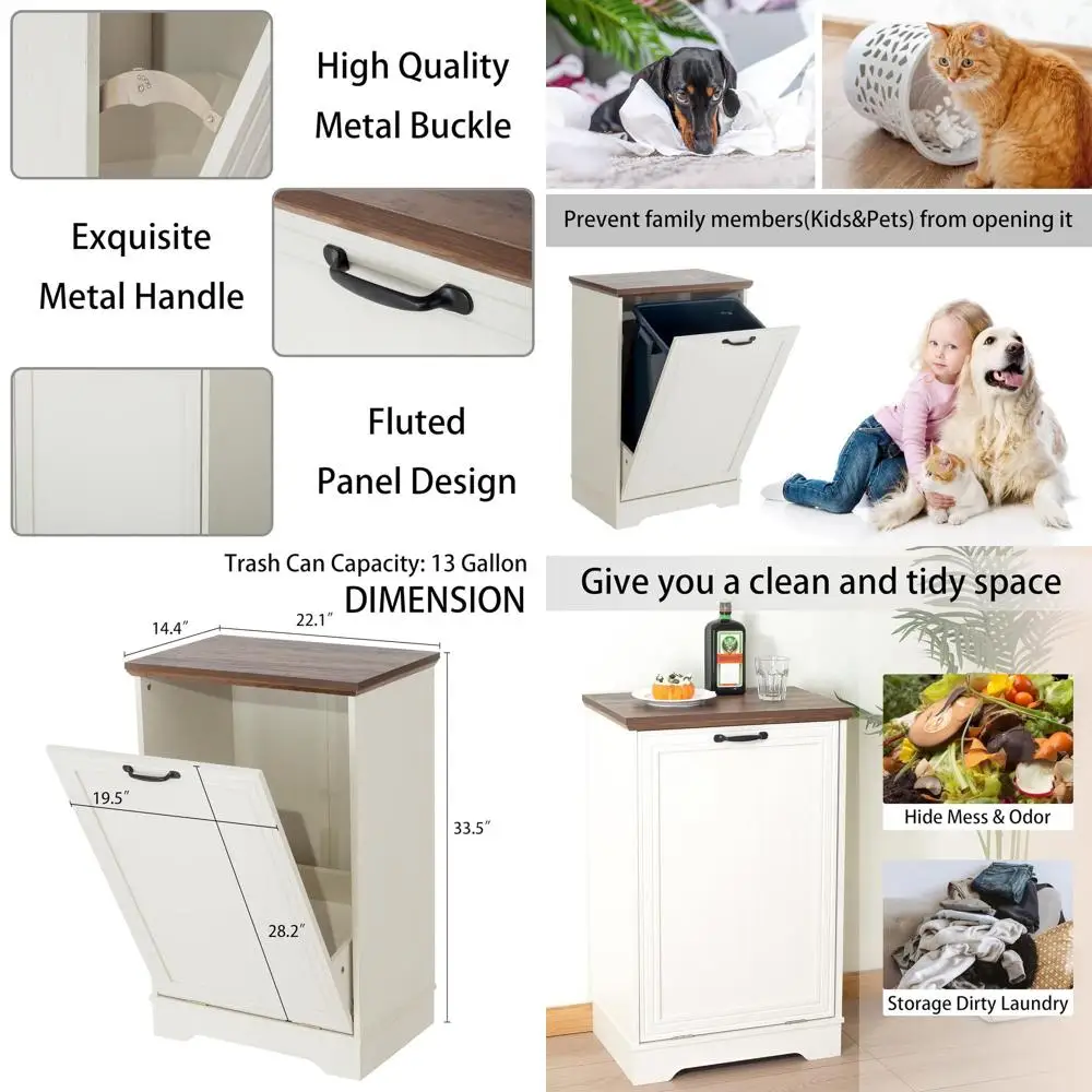 

White Wooden Tilt-Out Trash Cabinet with Pet-Proof Lid for Kitchen and Living Room