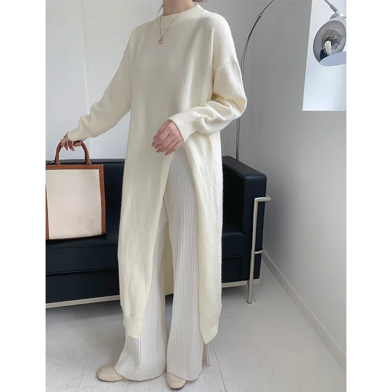 Chic Split Knitted Dress Women Vintage 2023 Autumn O-neck Long Wool Vestido Korean Streetwear Elegant Soft Knitwear Jumper Z49 image 5