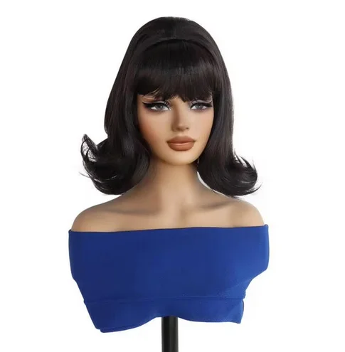 Synthetic 12inch Dark Brown Wigs with Bangs Retro Wavy Beehive with Bob Wig for Daily Party Use 60s 70s Vintage Costume Wig