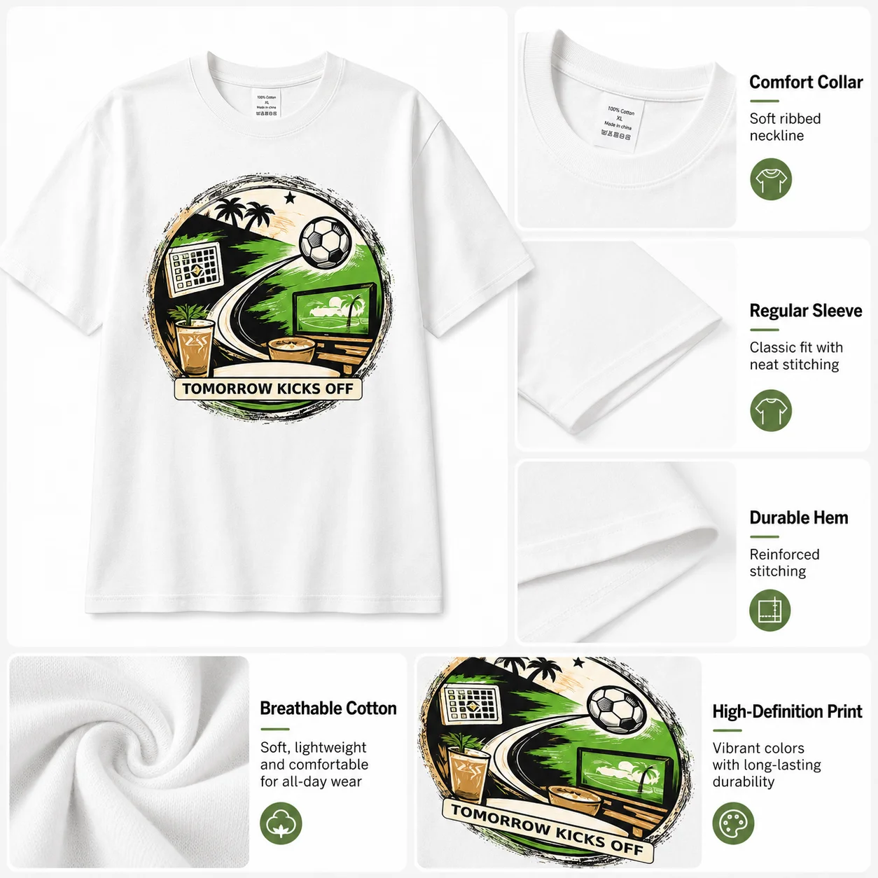 Men's Soccer Graphic T Shirt Tomorrow Kicks Off Cotton Short Sleeve Crew Neck Casual Tee Soccer Fans