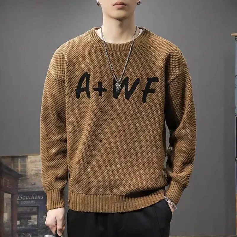 

Man Clothes Crewneck Round Collar Knitted Sweaters For Men Black Letter Pullovers Elegant Hot Sheap A Korean Style Casual X S