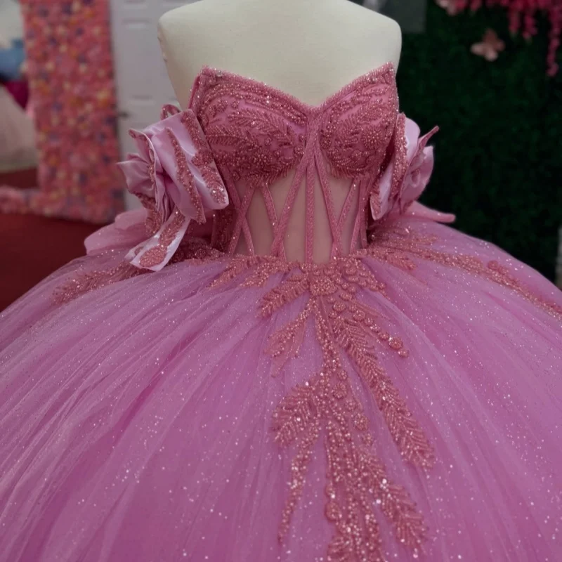 

Shiny Pink Quinceanera Dresses Off the Shoulder Glitter Crystal Decal Long tail Bow Vestido e 15 Quinceanera Customize