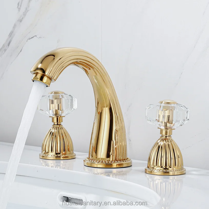 

luxury bathroom double diamond handle gold plated 3 hole crystal handle faucet