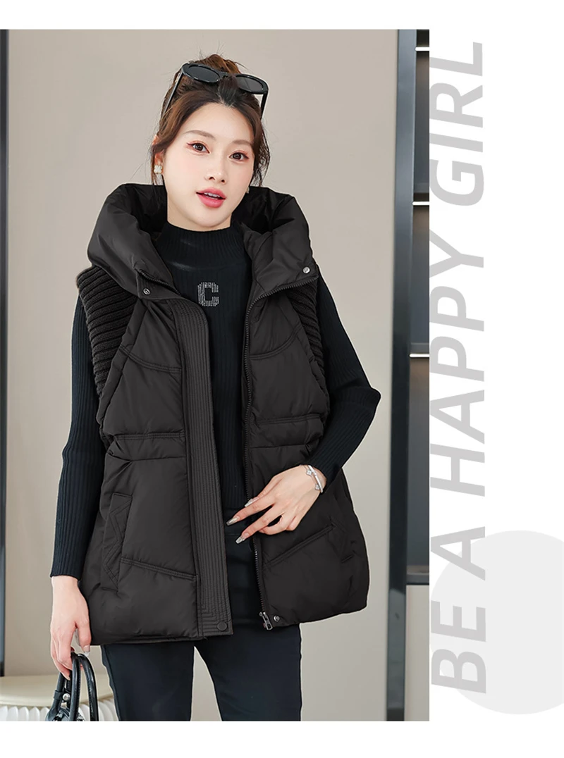 A-word Vest Down Cotton Padded Jackets Short Waistcoat Mid-Length Slim Hooded Autumn Winter Jackets Solid Women's Coats Trend