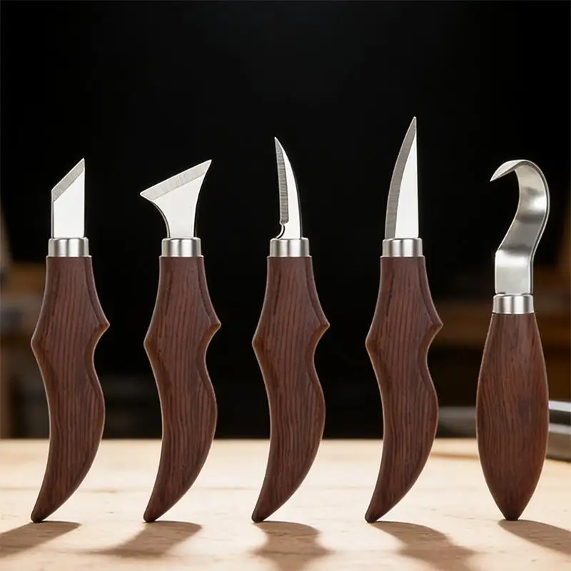 5Pcs Wood Carving Knife Set With Ergonomic Wooden Handle Stainless Steel Blades For Whittling DIY Crafts Accessories Gift