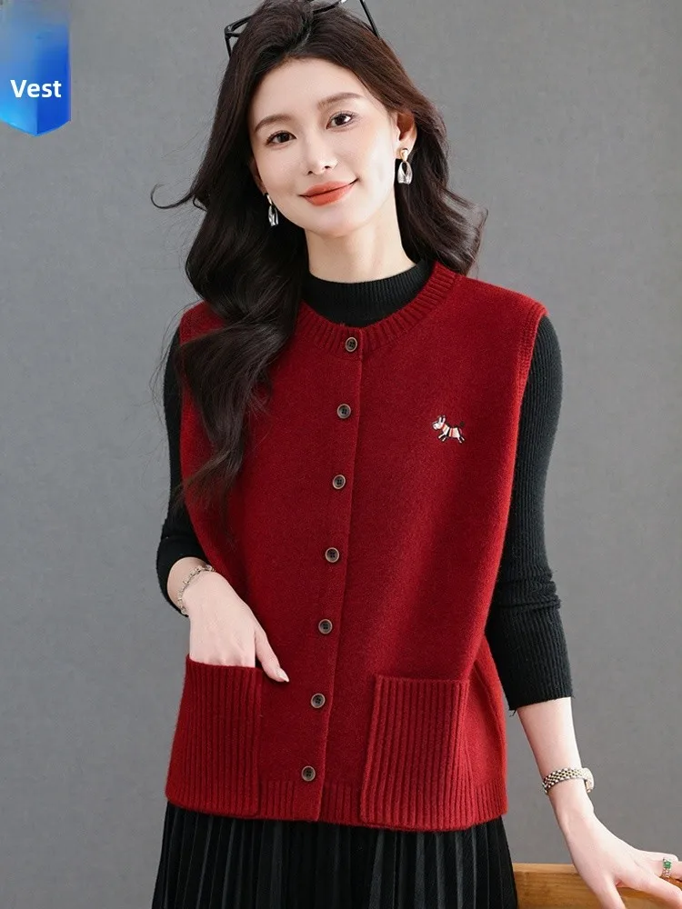 

Вязаный шерстяной жилет Sli для женщин: теплый, мягкий, дышащий, повседневный, свободного кроя, с круглым вырезом и V-образным вырезом, в стиле колор-блок