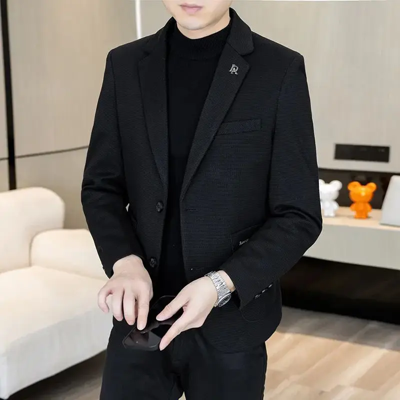 

Мужской повседневный деловой пиджак приталенного кроя, универсальный, осенняя новинка, модный, тонкий, из искусственной кожи