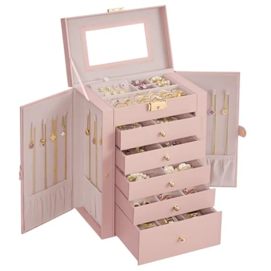 6-Layer Jewelry Box Organizer with 5 Drawers, Jewelry Storage Case with Lock and Mirror, Large Storage Capacity, Gift for Loved