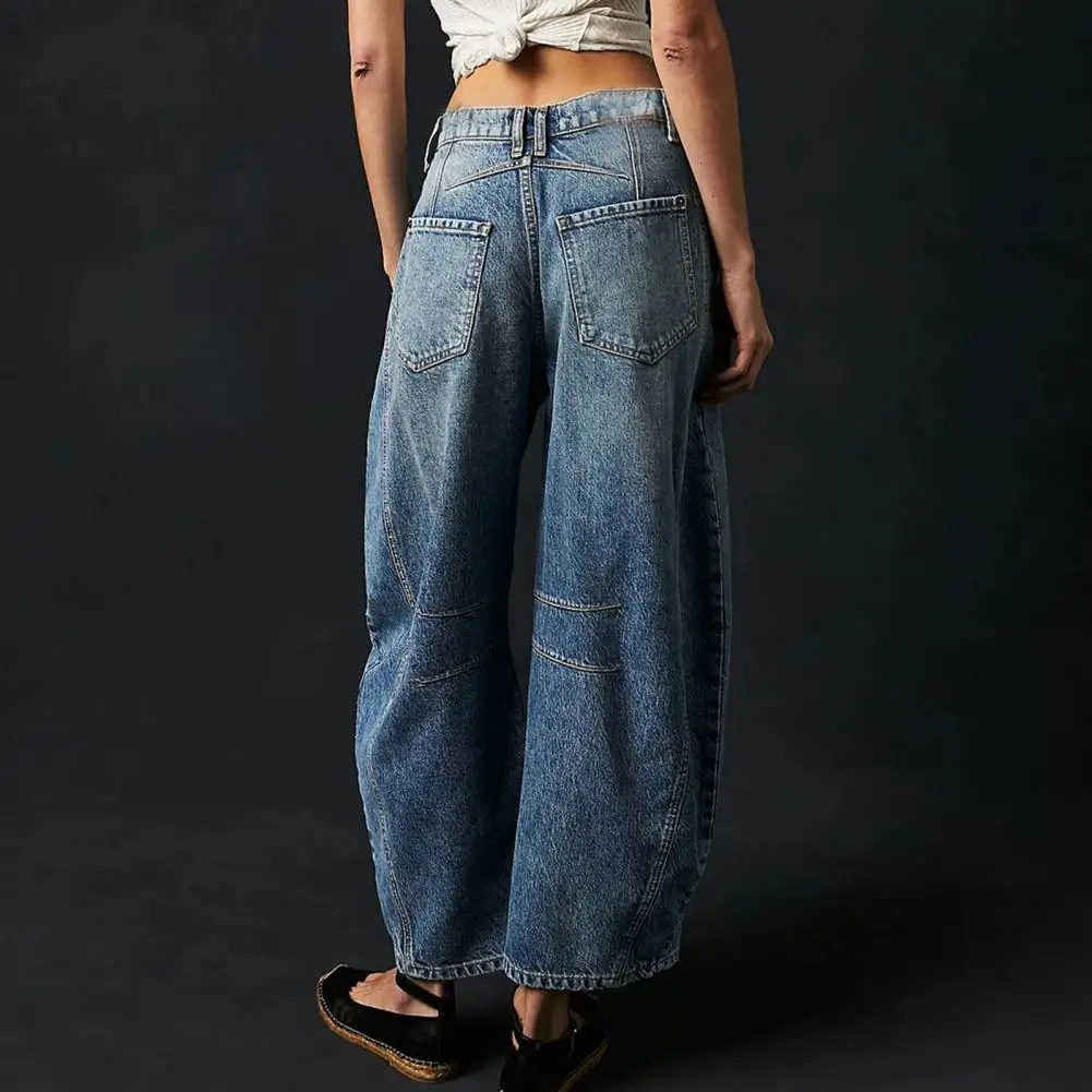 Button Zip Fly Jeans Stylish Women's Gradient Color Wide Leg Jeans with Pockets Hip Hop Retro Ankle Length Denim for Ladies