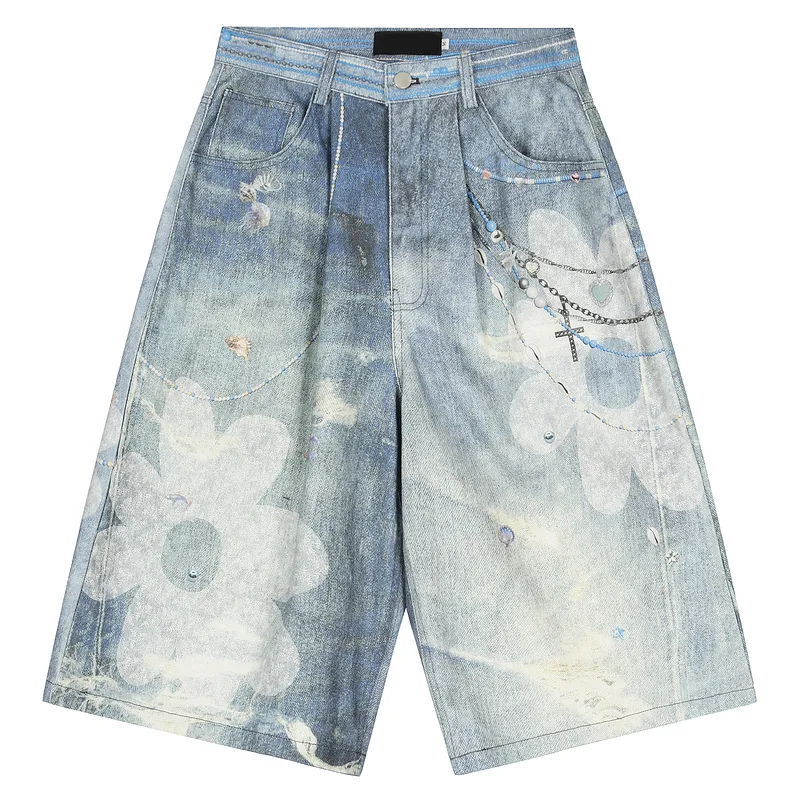 

Men Fashion High Street Vibe Style Hip Hop Jeans Shorts High Street Printed Loose Fit Y2K Denim Shorts Streetwear Hip Hop Shorts