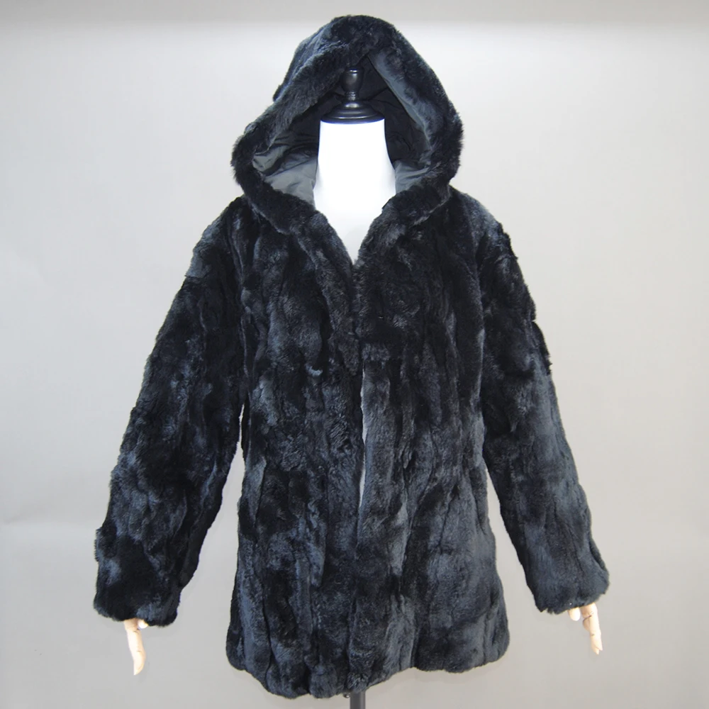 Lady Real Rex Rabbit Fur Coat Luxury Hooded Genuine Rex Rabbit Fur Jacket 2024 Fashion Women Whole Skin Real Rex Rabbit Fur Coat