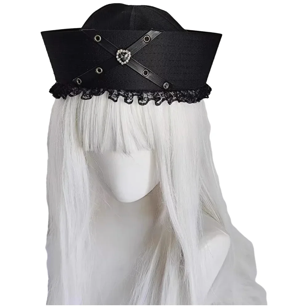 Лолита, милая девушка, панк-девушка, темная кепка с бриллиантами и индивидуальной милой и крутой темно-синей шляпой из водного буйвола