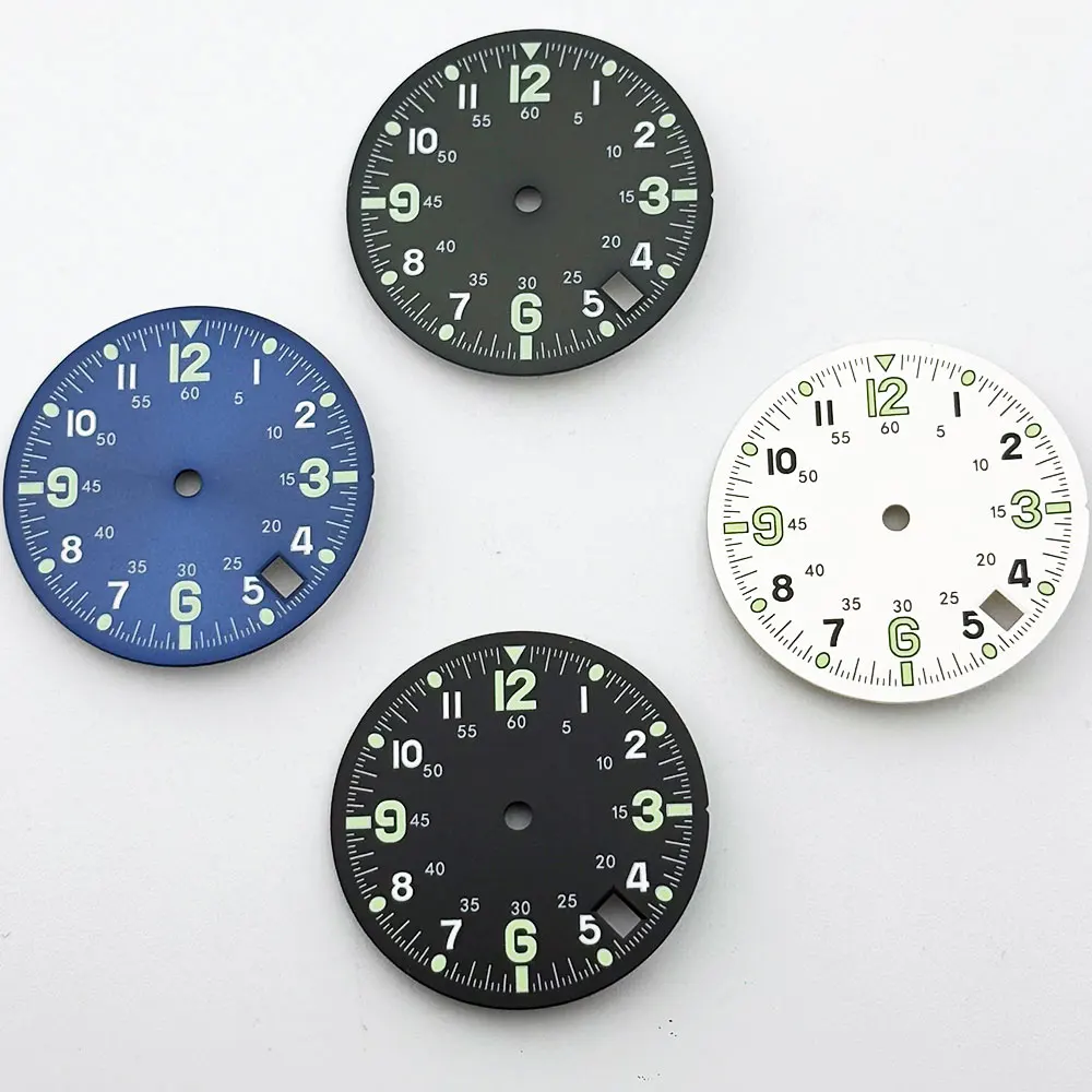 28.5mm Green Blue Pilot Dual Time Zone Watch Dial C3 Luminous Single Calendar Suitable for NH35 NH36 Automatic Movement