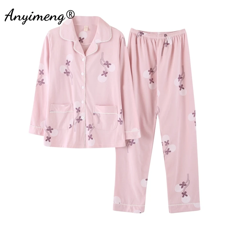 Cotton Pajamas for Women Autumn Winter Long Sleeves Pajama for Girl Floral Print Cadigan Sleepwear Fashion Loungewear Pyjamas