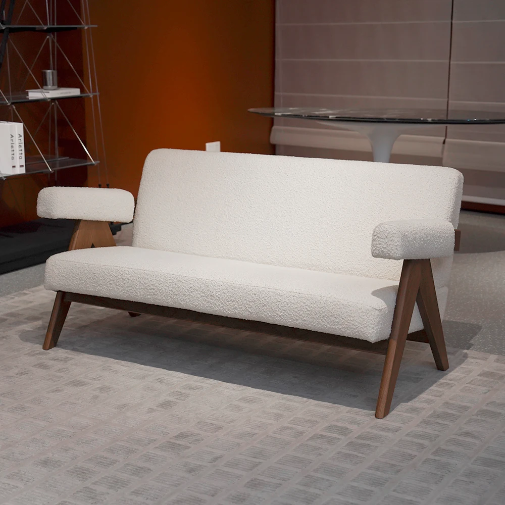 White Boucle 2-Seater Sofa, Mid-Century Modern Loveseat With Solid Wood Legs for Living Room