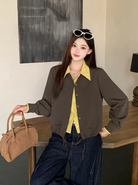 

plus Size Women's American Retro Double Collar irt Dstring Top Trendy Autumn Design Sense Charming Outerwear Jaet