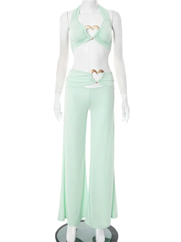 Simenual roupas de férias de verão sexy bandagem em forma de coração fivela espartilho topos soltos calças largas perna para mulheres praia dois conjuntos picec